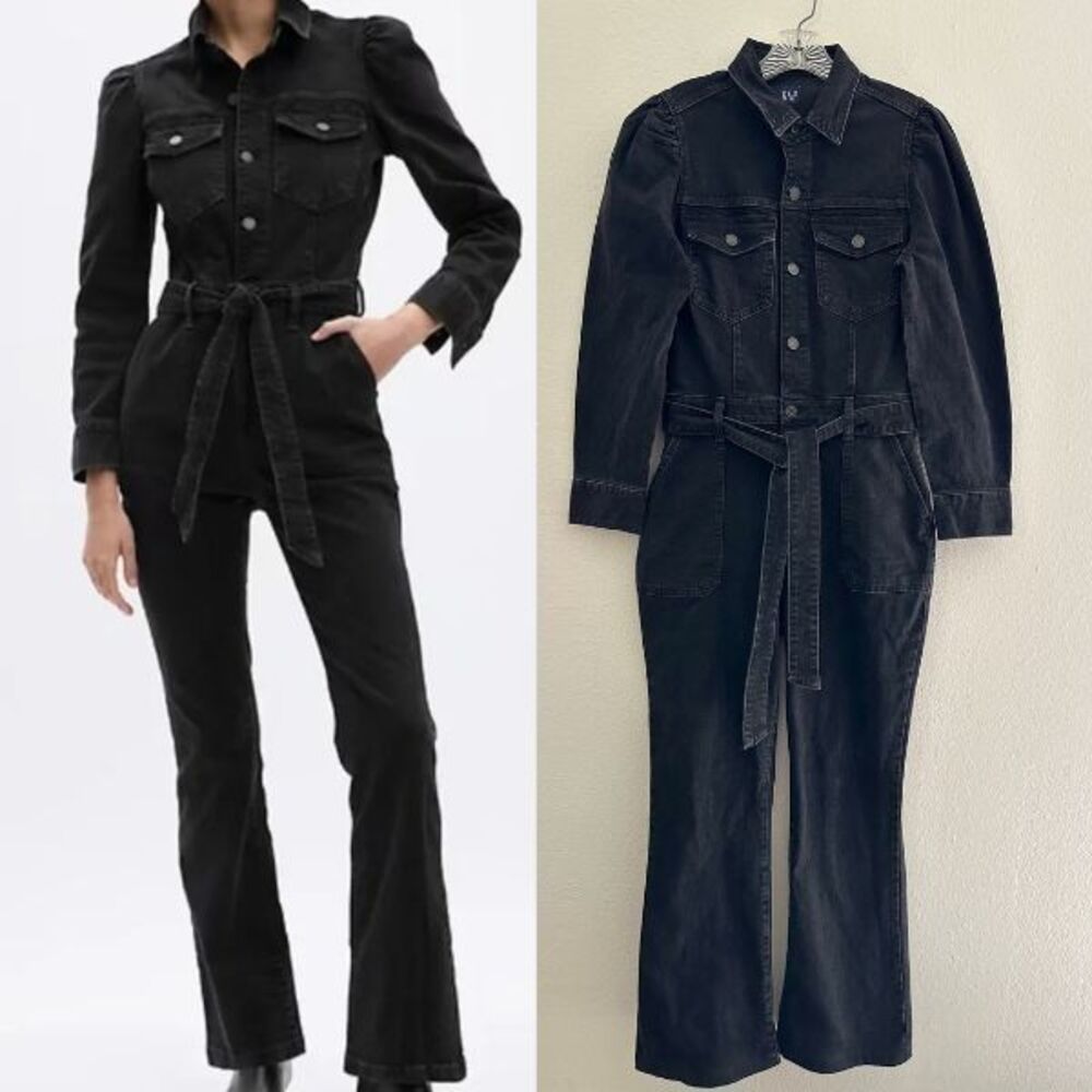 NEW Gap Western Kickflare Coverall Denim Jumpsuit LS Belted Cotton Women's 10
